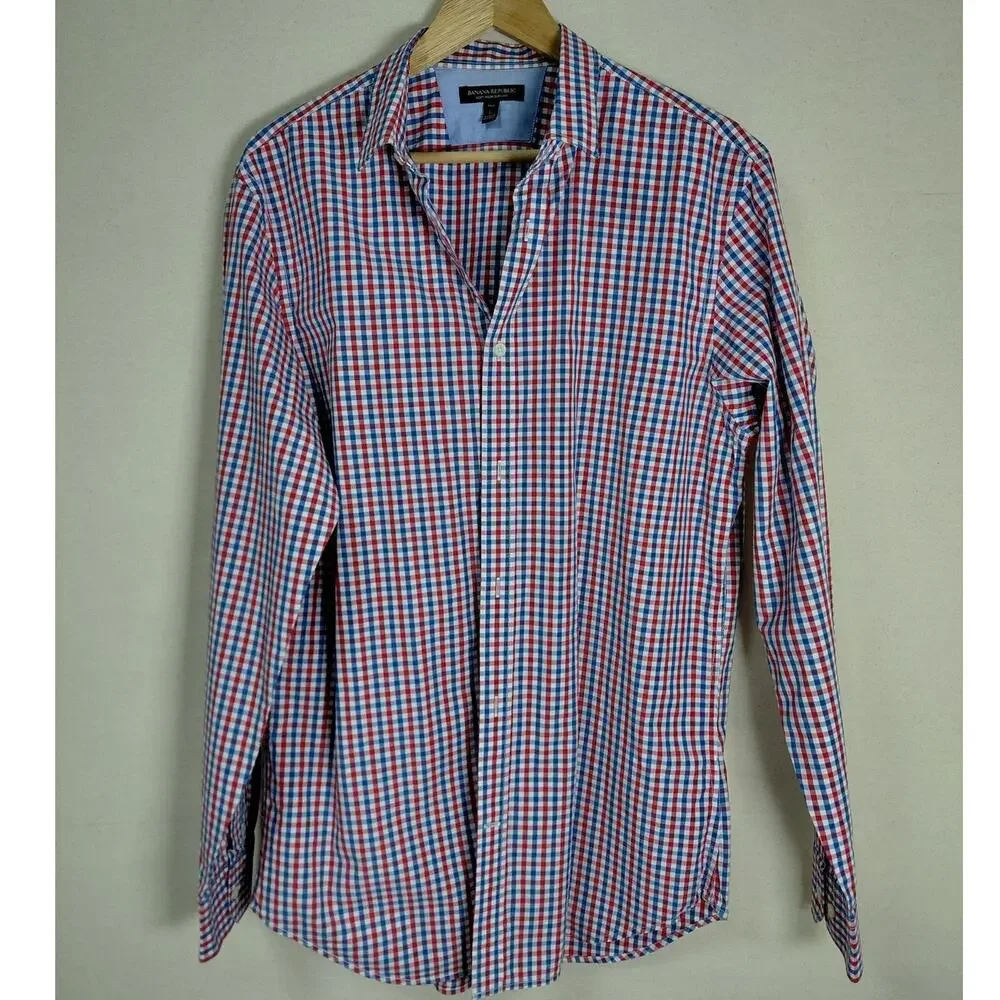Banana Republic Soft Wash Slim Gingham Plaid Button-Up Shirt Men Size LT